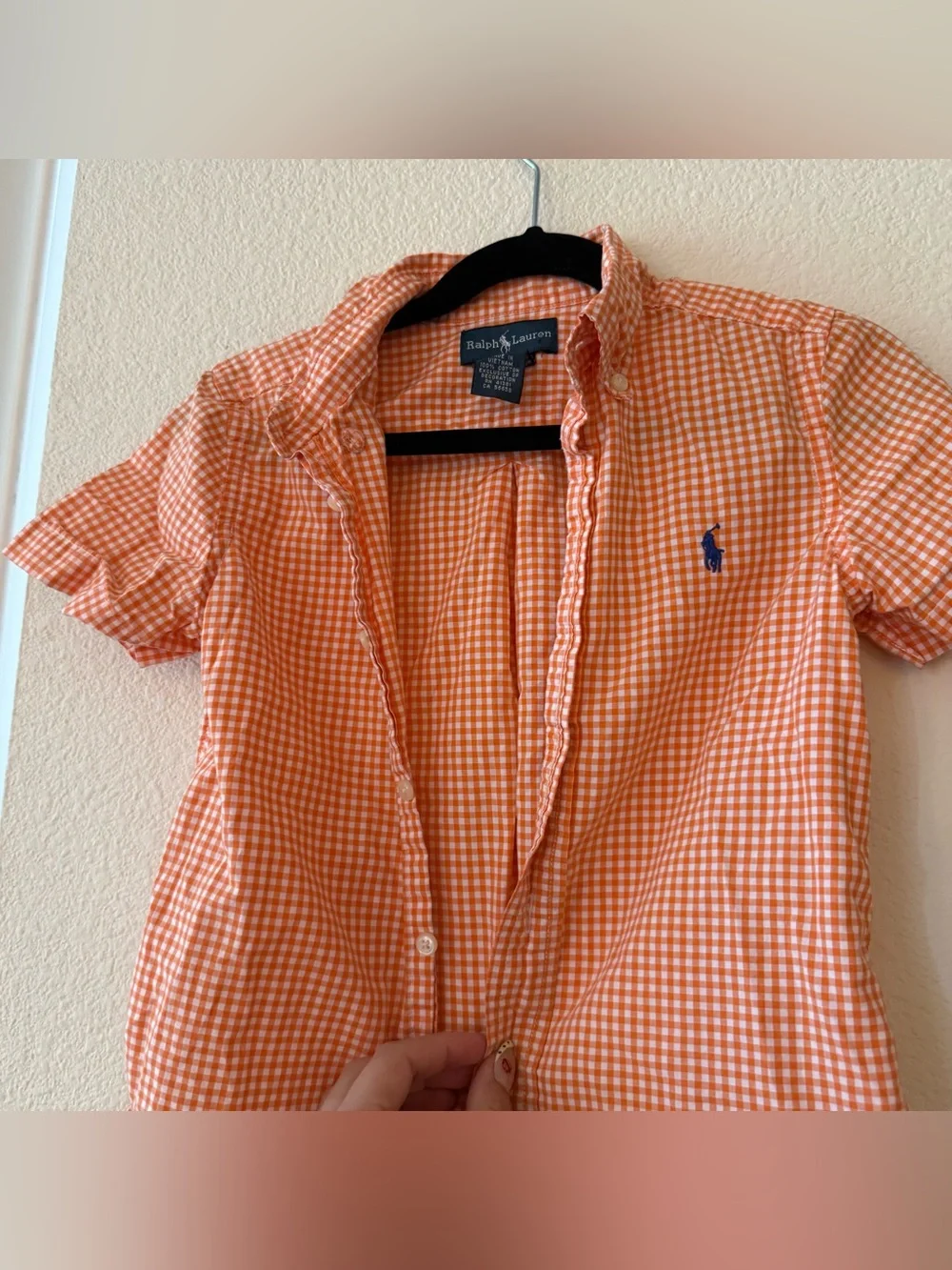 Ralph Lauren Orange kids Gingham Short Sleeve Button-Down Shirt 4T preppy